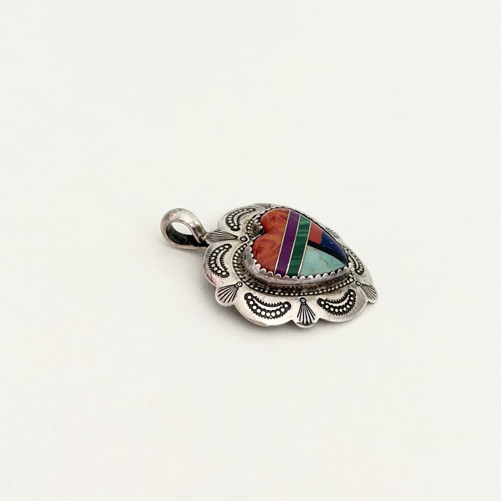 Vintage QT Sterling Native American Multi Gemstone Inlay Heart Southwest Pendant
