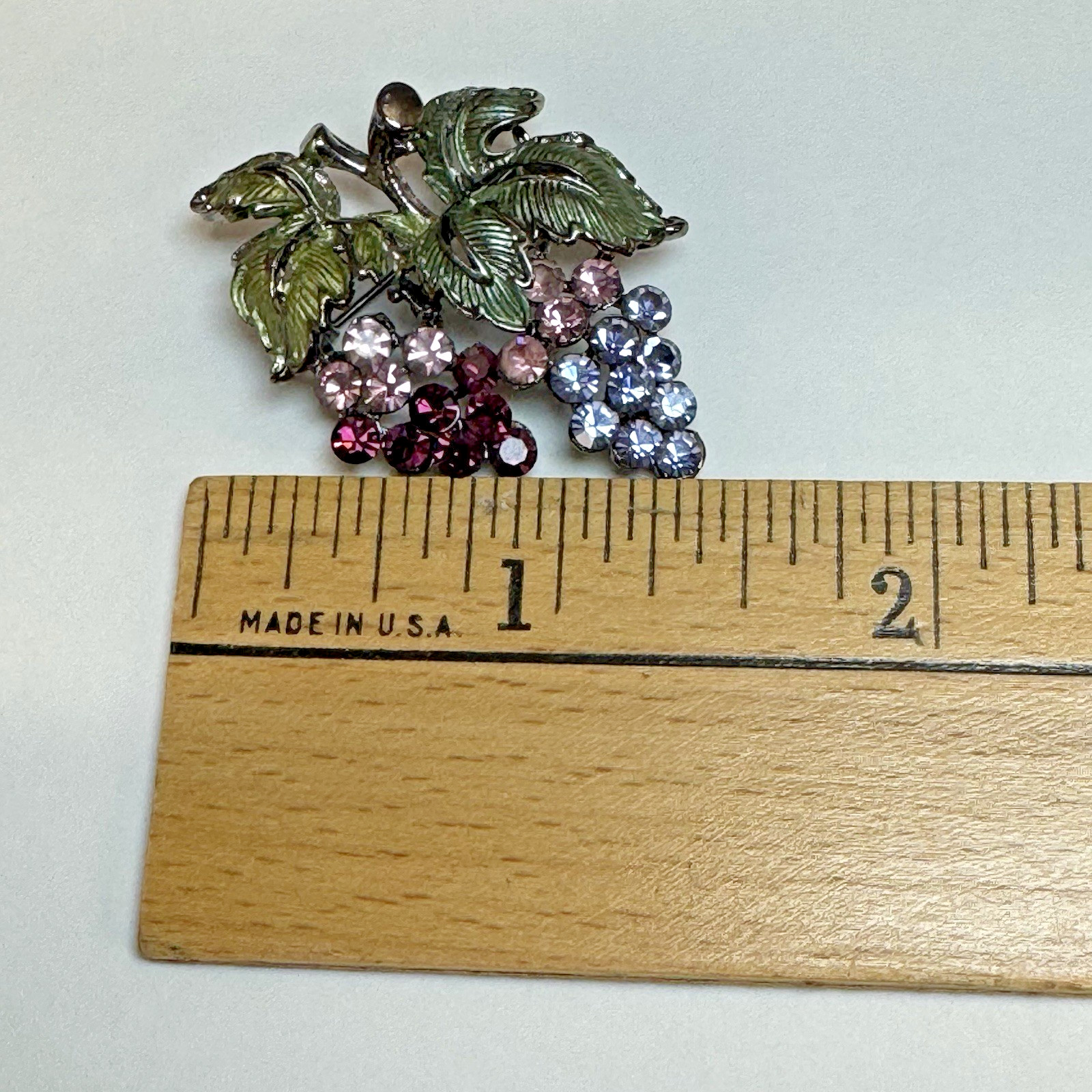 Vintage Grape Cluster Brooch Pin Purple Red Pink Rhinestones Green Leaves