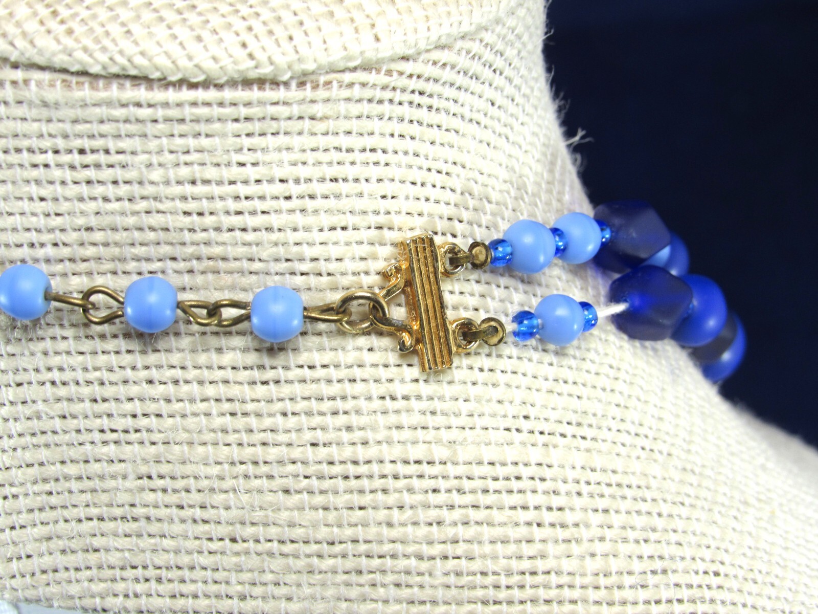 Vintage Blue and Purple 2 Strand Art Glass Bead Necklace with Sea Glass Finish.