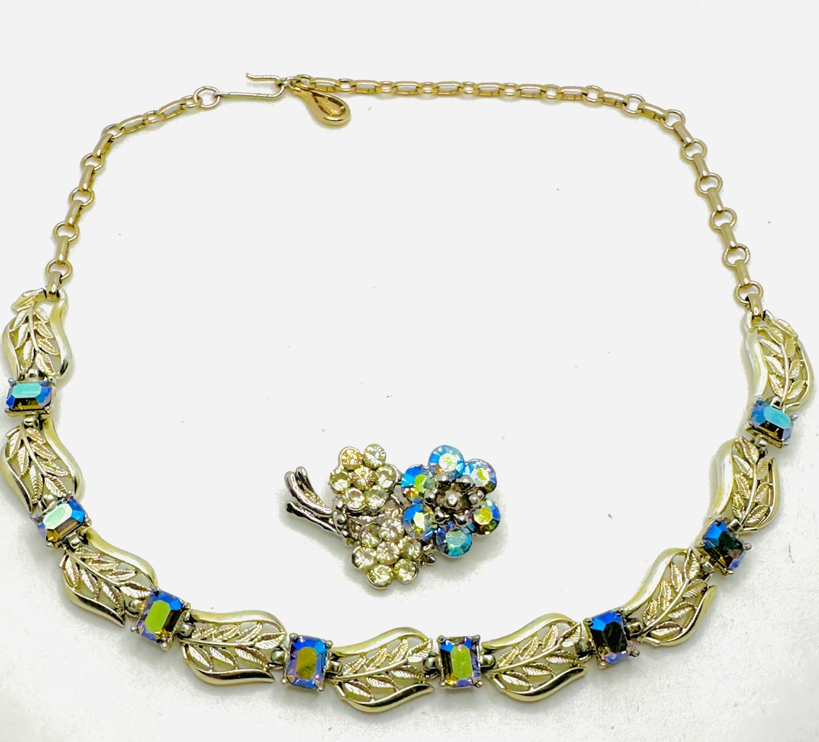 Vtg Lot Exceptional Blue Starlight AB Rhinestone CORO Necklace & Flower Brooch