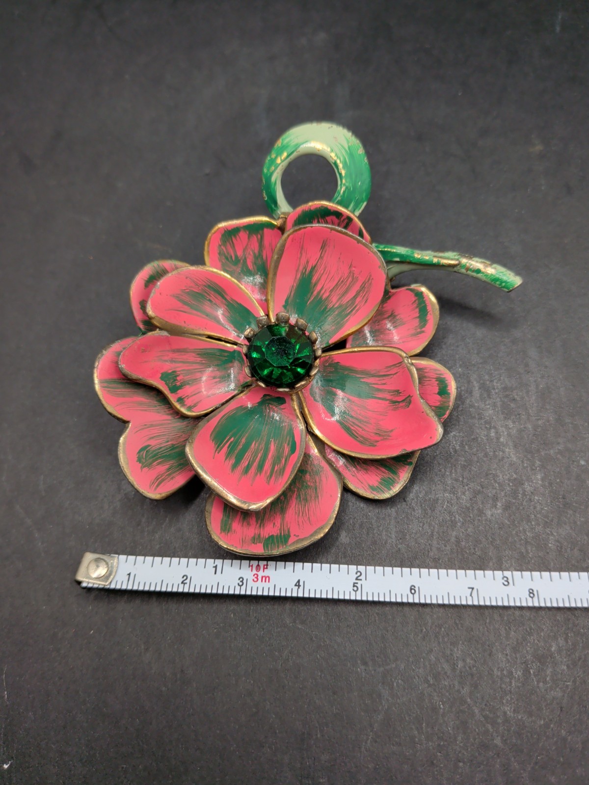 Vintage Artisan Gorgeous Pink And Green Pot Metal And Enamel Flower Brooch 3X3″