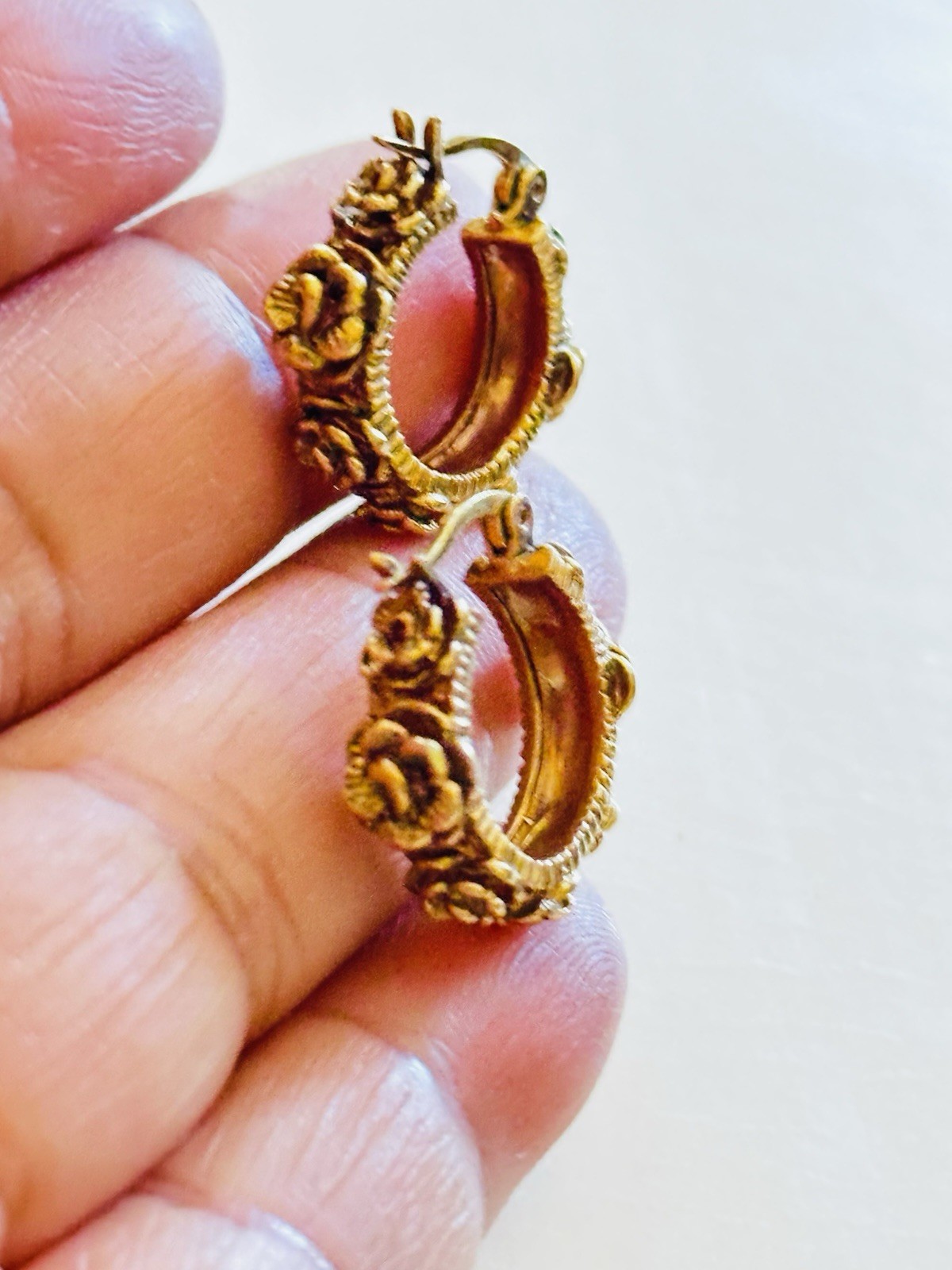 Vintage Gold Tone Floral Hoop Earrings Raised Rose Design Signed JZ China