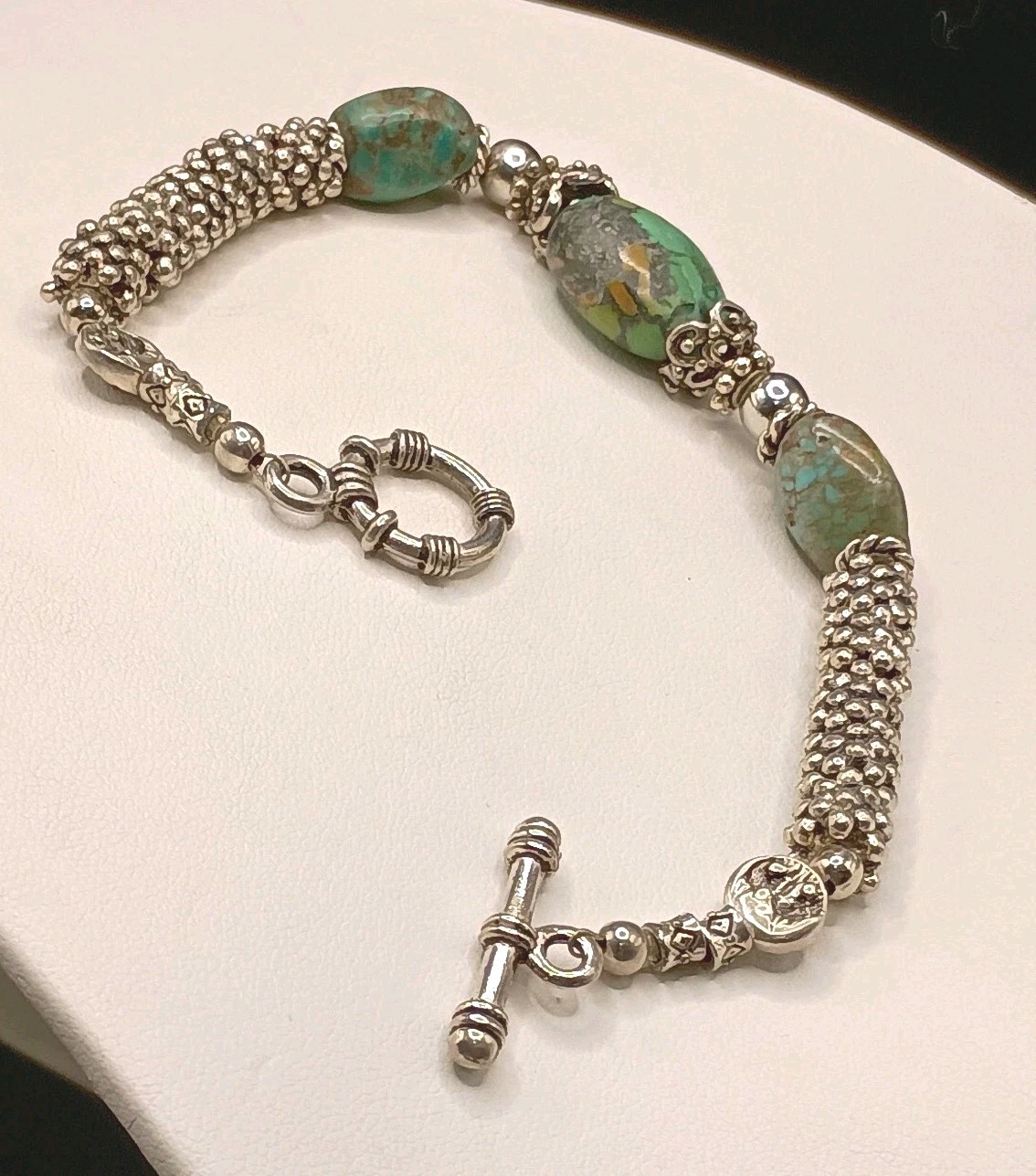 Vintage Green Turquoise Nugget Silver Bracelet Sz 7.75 Untested Popcorn Bead 40g
