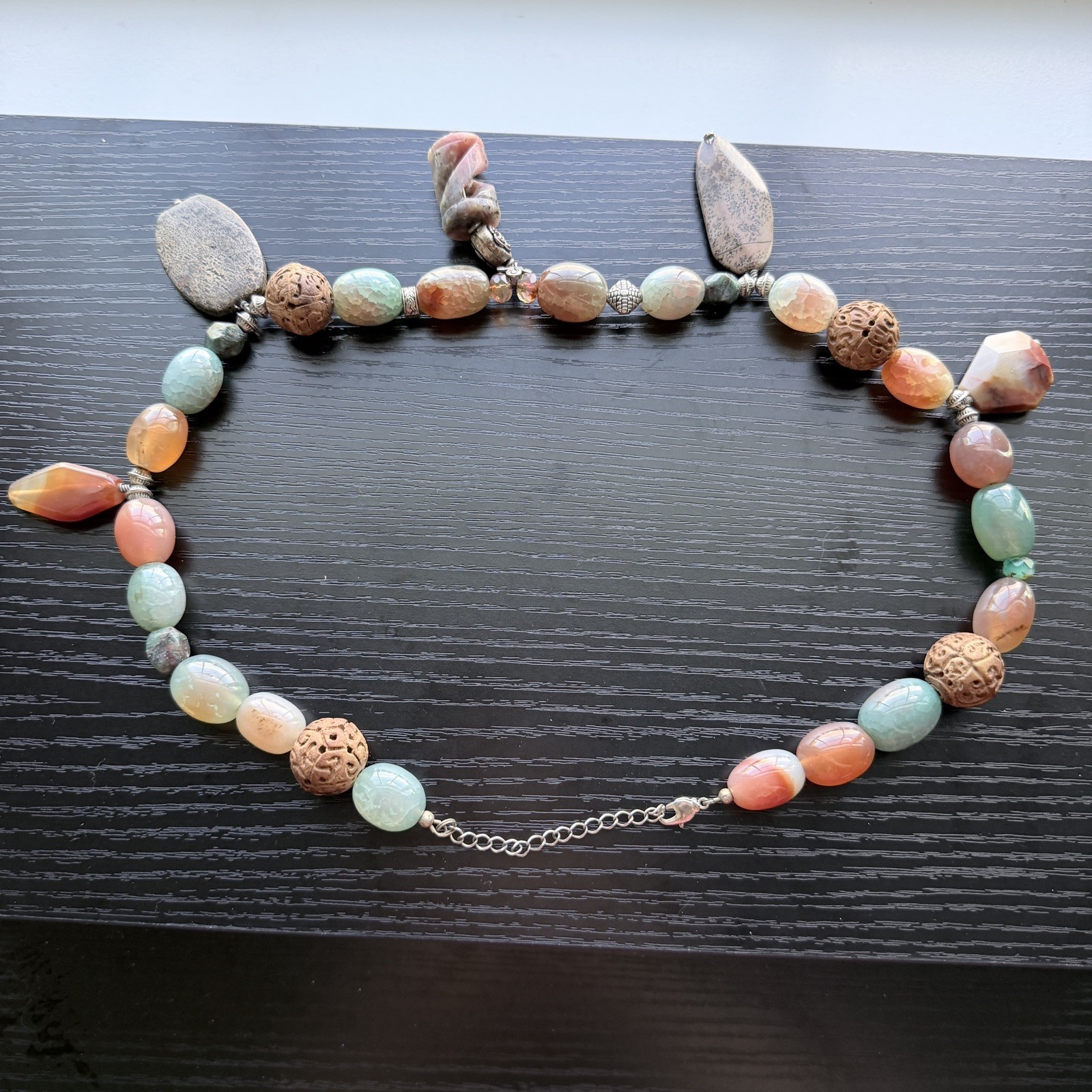 Multiple Large Stones and Wood Beads with Sterling Accents and Clasp Necklace