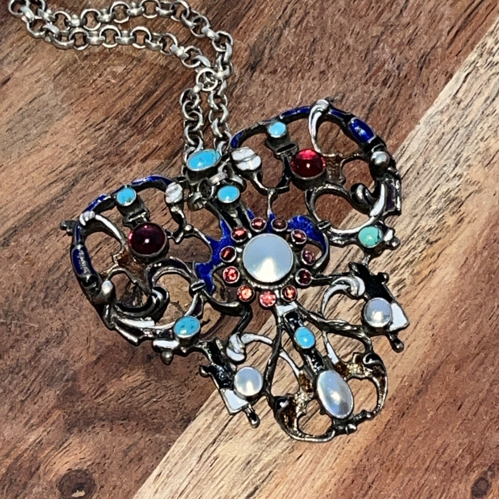 Antique Hermann Bohm AUSTRO HUNGARIAN Garnet Turquoise Silver Pendant Necklace