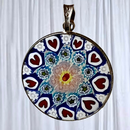 Italian Glass Handcrafted Pendant Mosaic Sterling Silver Flowers Heart