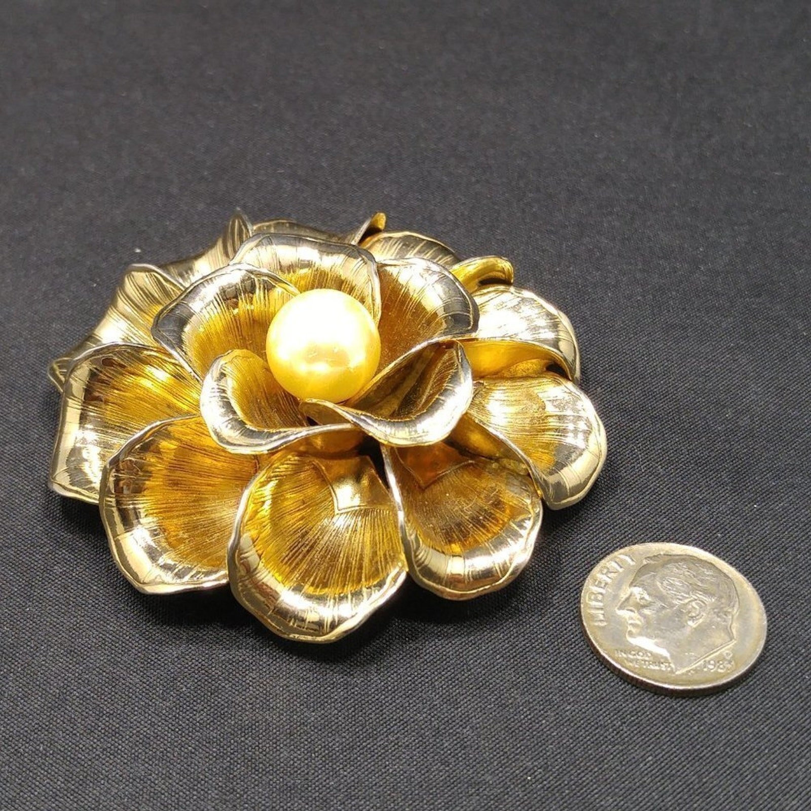 Vintage Flower Gold Plated Brooch, Faux Pearl Center, 1960s, 2 3/8 Inches