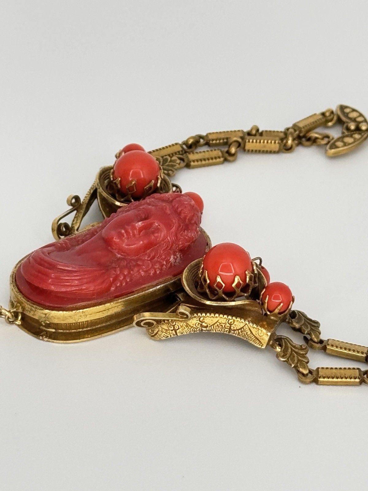 Vintage 1920s-1930s Art Deco Czech Faux Coral Cameo Brass Tassel Necklace