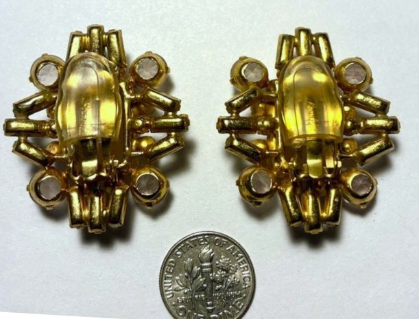 $450 Mint BOUNKIT Crystal/ROSE QUARTZ GEMSTONE Statement EARRINGS Goldtone CLIPS