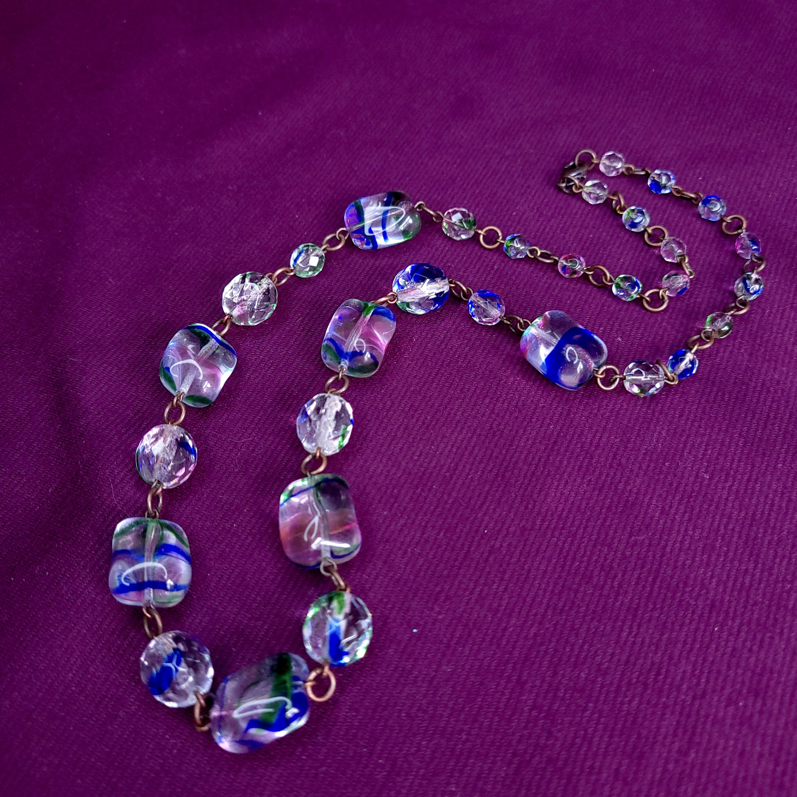 Art Deco Style Iris Glass Necklace 22inch Multicolor Glass Czech Old Beads
