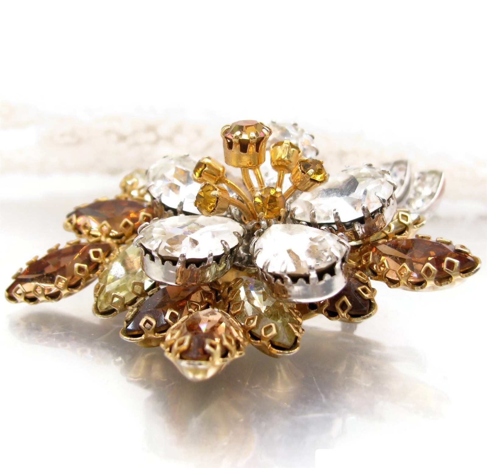 Amazing AUSTRIA Floral Rhinestone Pin Gold Silver Tone Austrian Brooch