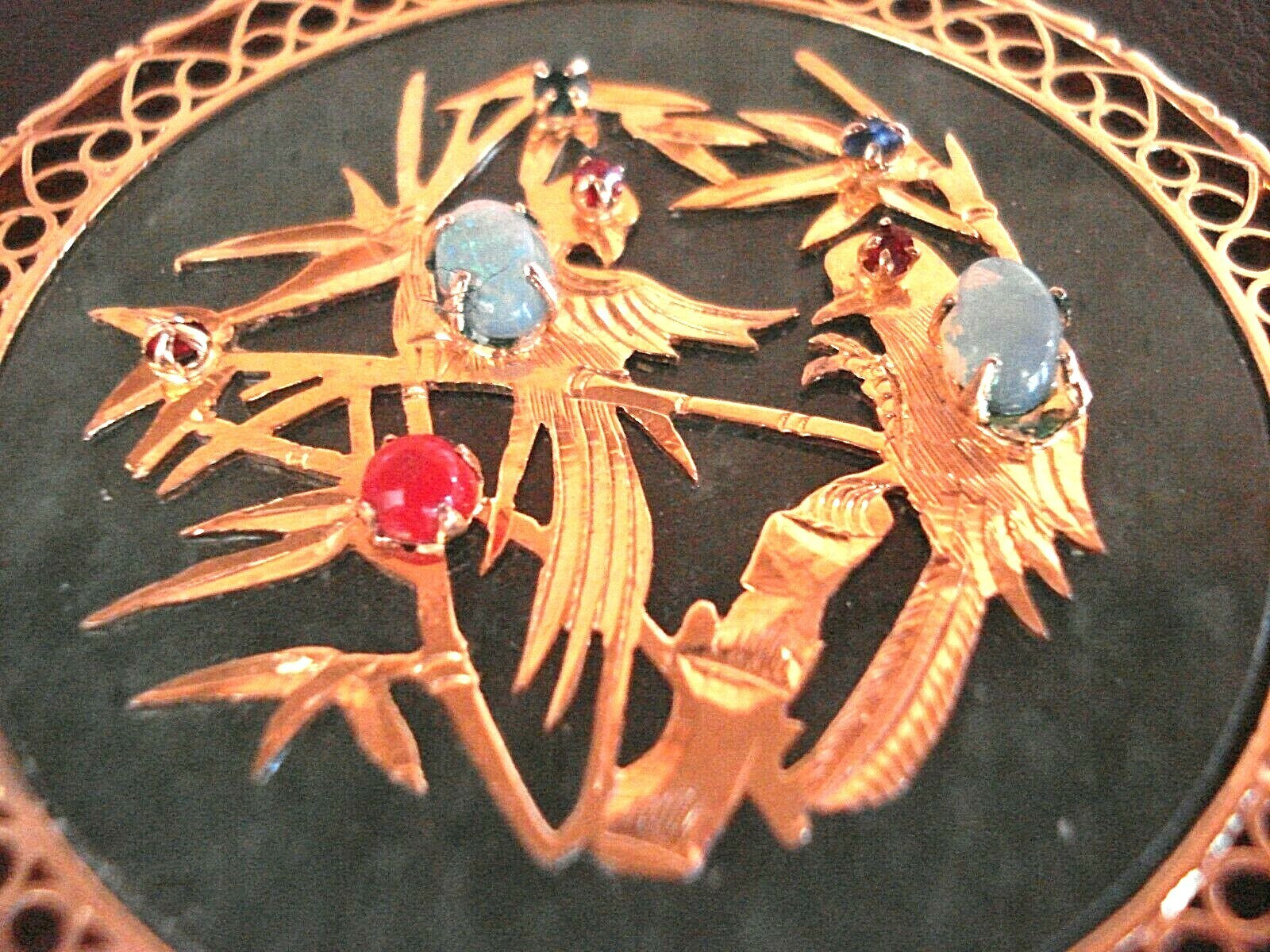 RARE Beautiful Vtg. Chinese Gold-Pl Jade & Gemstone Bird Pendant