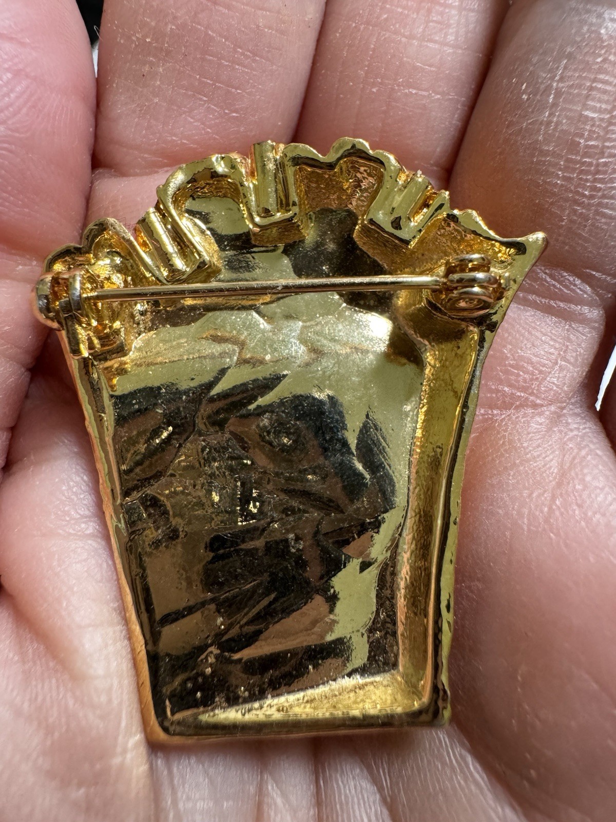 Gold Tone Popcorn Box Brooch White, Red Enamel Letters Movie Night
