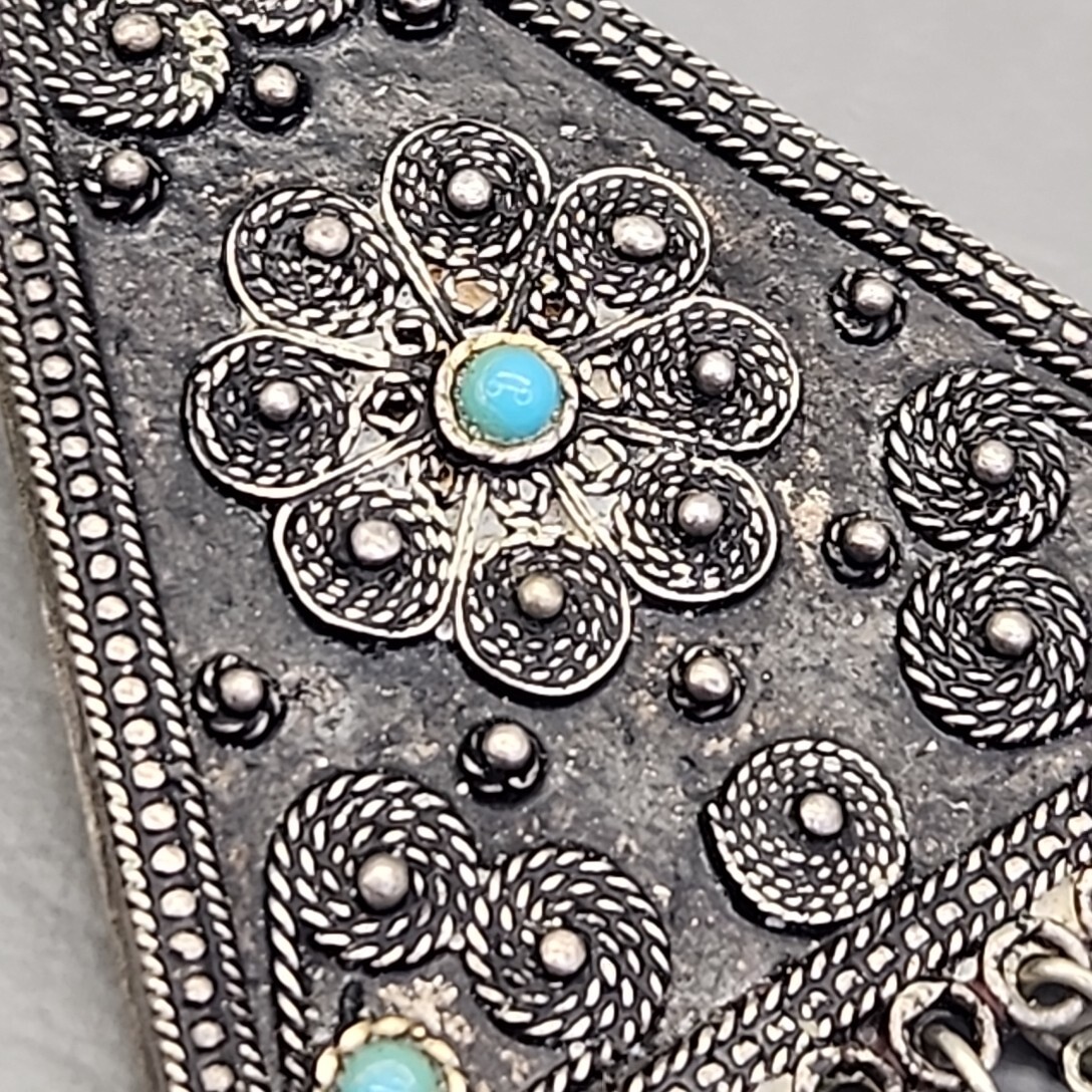 Vintage Triangle Pendant Filigree Cannetille Blue Glass Beads Silver Tone 2.5″