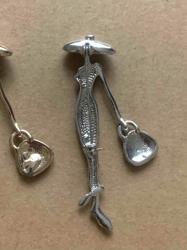 Set of (2) Vintage White & Black Enamel Lady Fashion Brooches