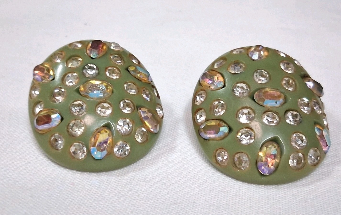 Vintage Weiss Aurora Borealis Earrings GREEN Bakelite Clip-on Tested Signed