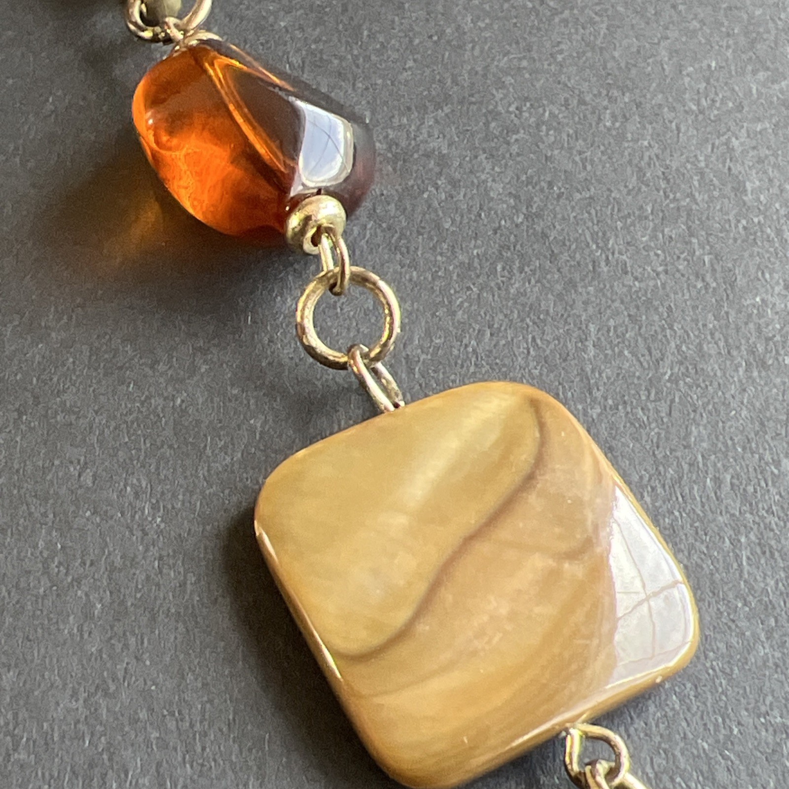 Vintage Turquoise Chip Inlay Beads Amber Mother of Pearl Abalone Bronze Necklace