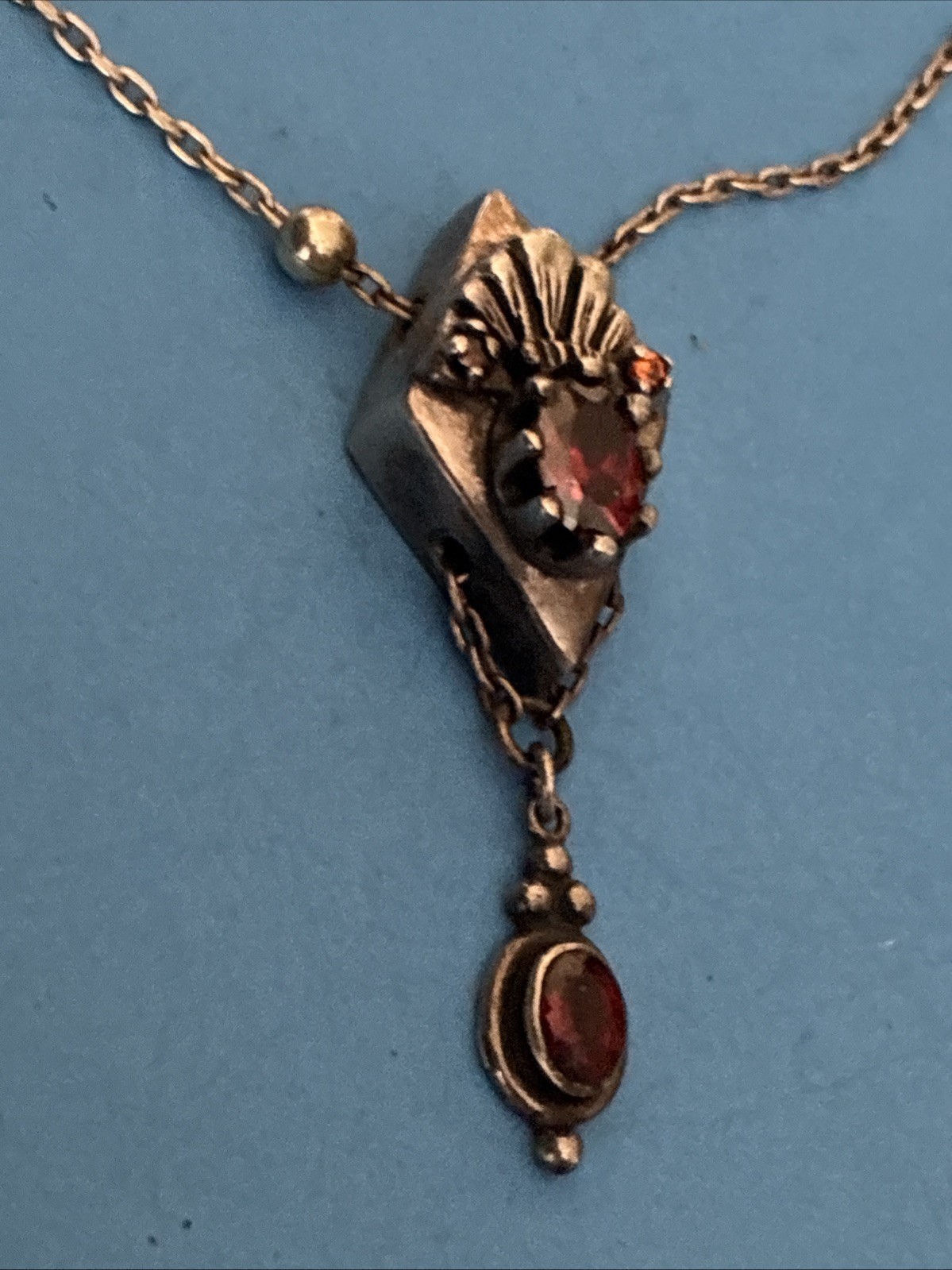 Antique Art Deco Sterling Silver Lavalier Red Garnet Pendant Necklace 17”