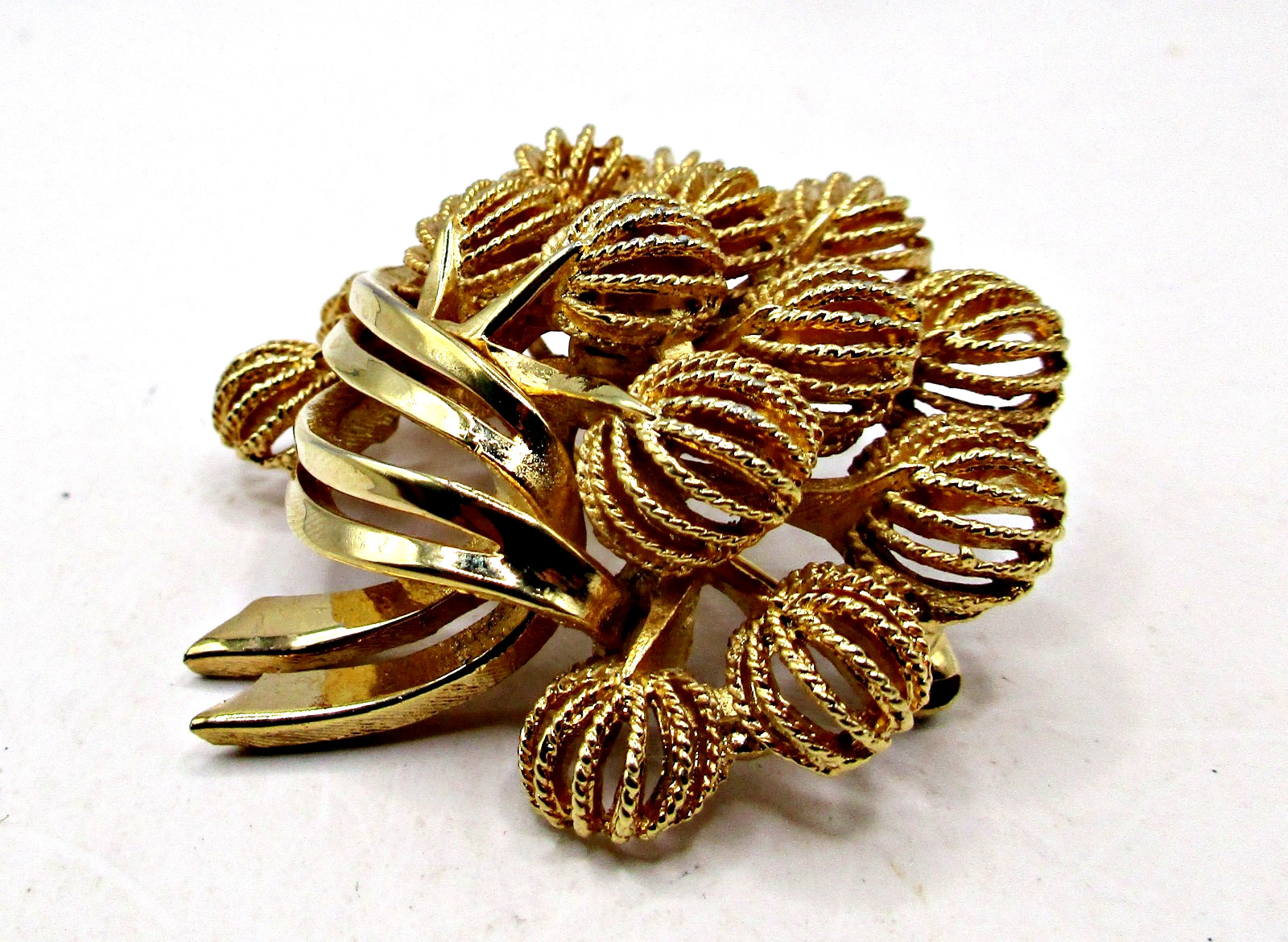 Vintage Signed Corocraft Gold-tone Domed Textured Bouquet Pin Brooch