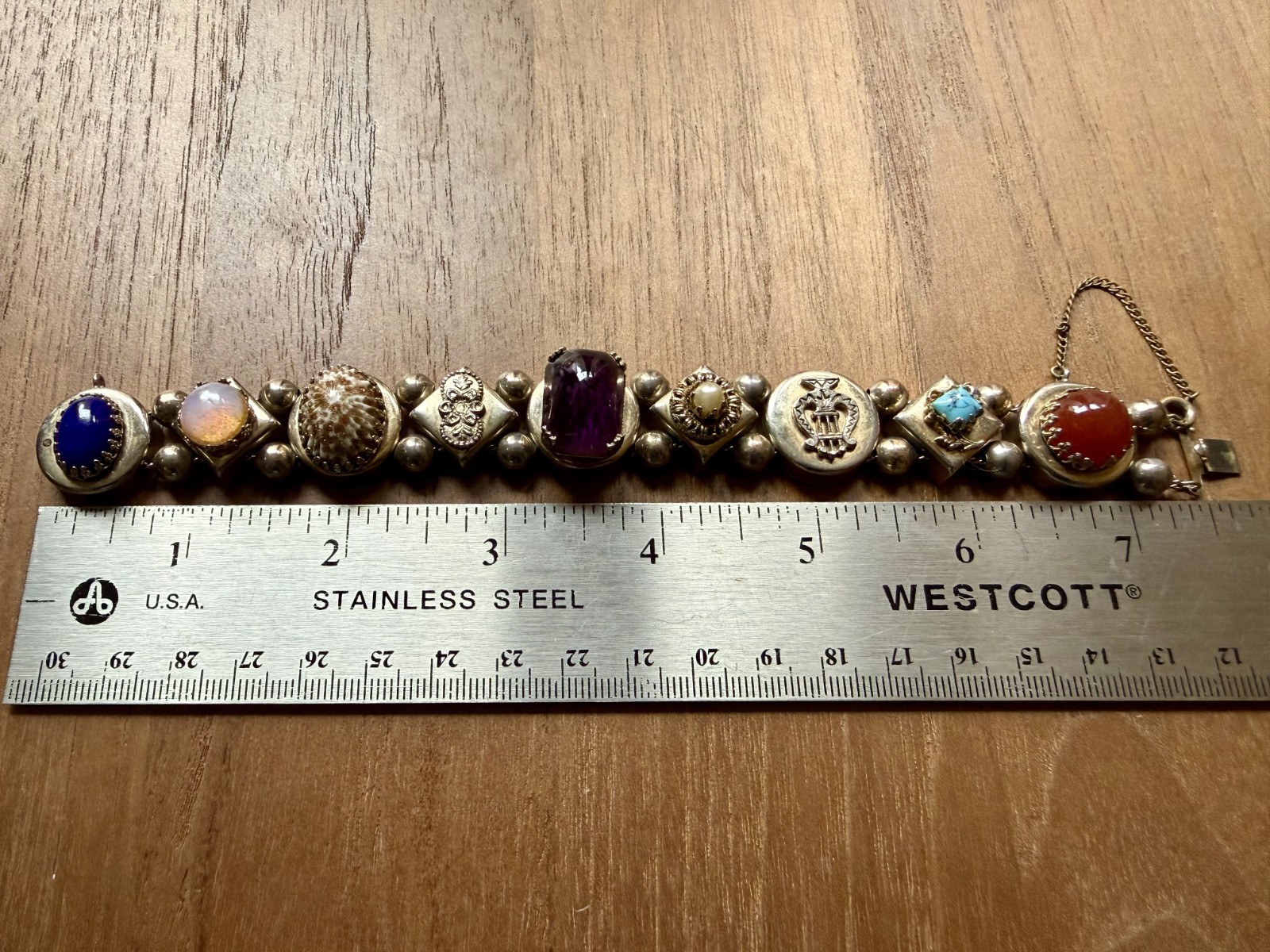 Victorian Revival Slide Bracelet with Gemstone and Shell Charms Vintage 7.5″