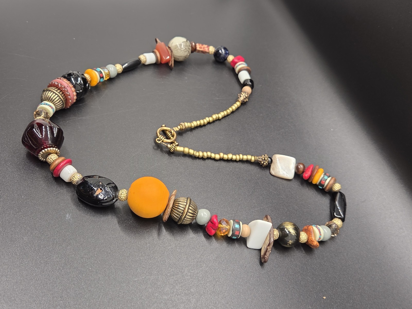 VTG Boho Necklace Artisan Glass Ceramic Lucite Stone Wood Fun Festival Beads 28″