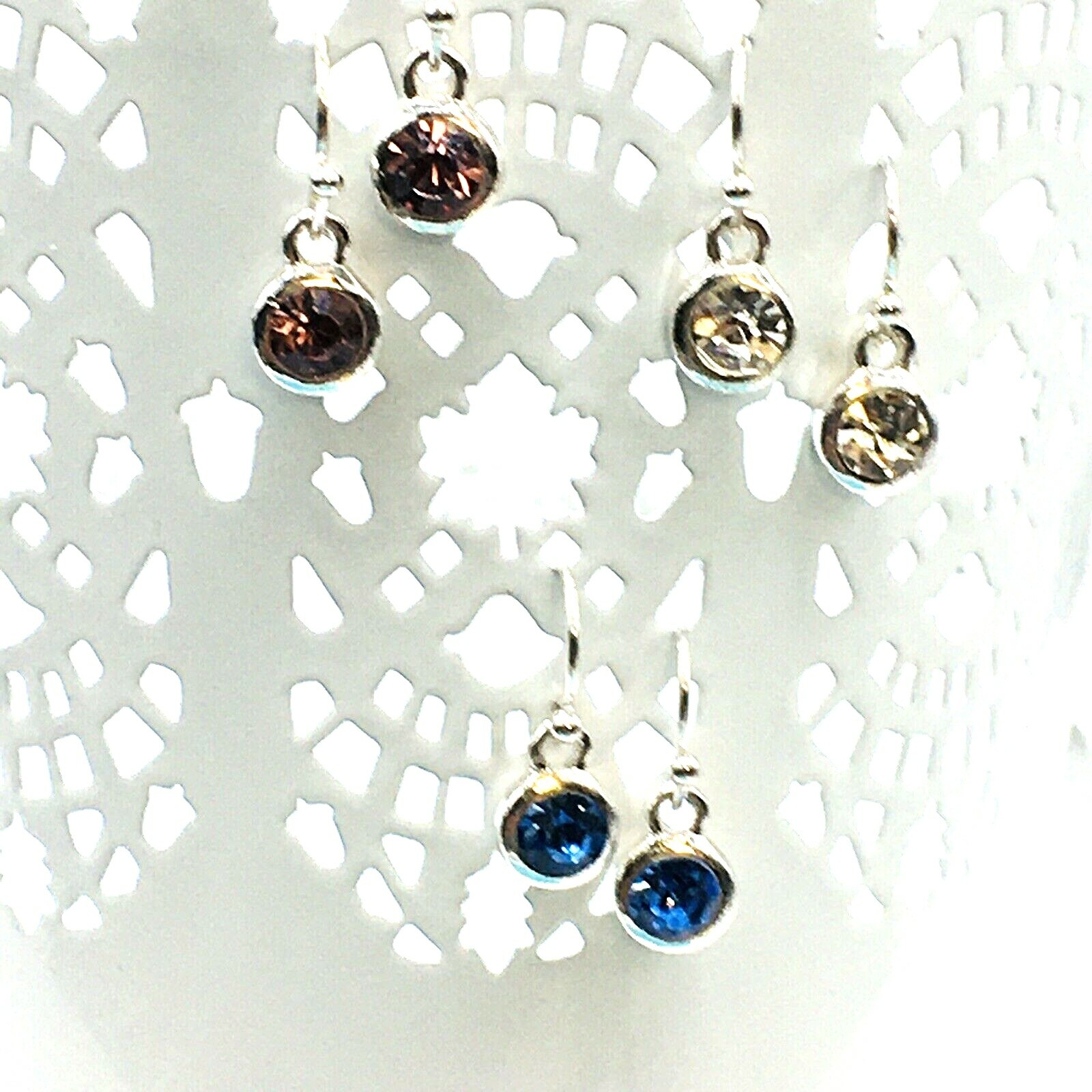Silver Tone Glass / Acrylic Clear Purple and Blue Earrings Fish Hook Approx .4”