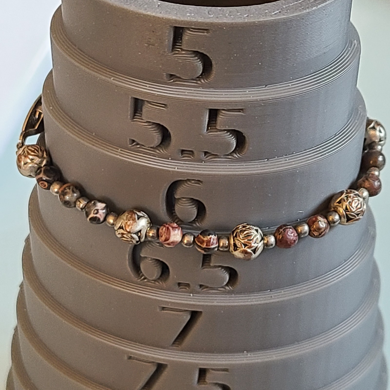 Vintage Silver Tone Rose & Agate Beaded Bracelet SMALL 6 INCH