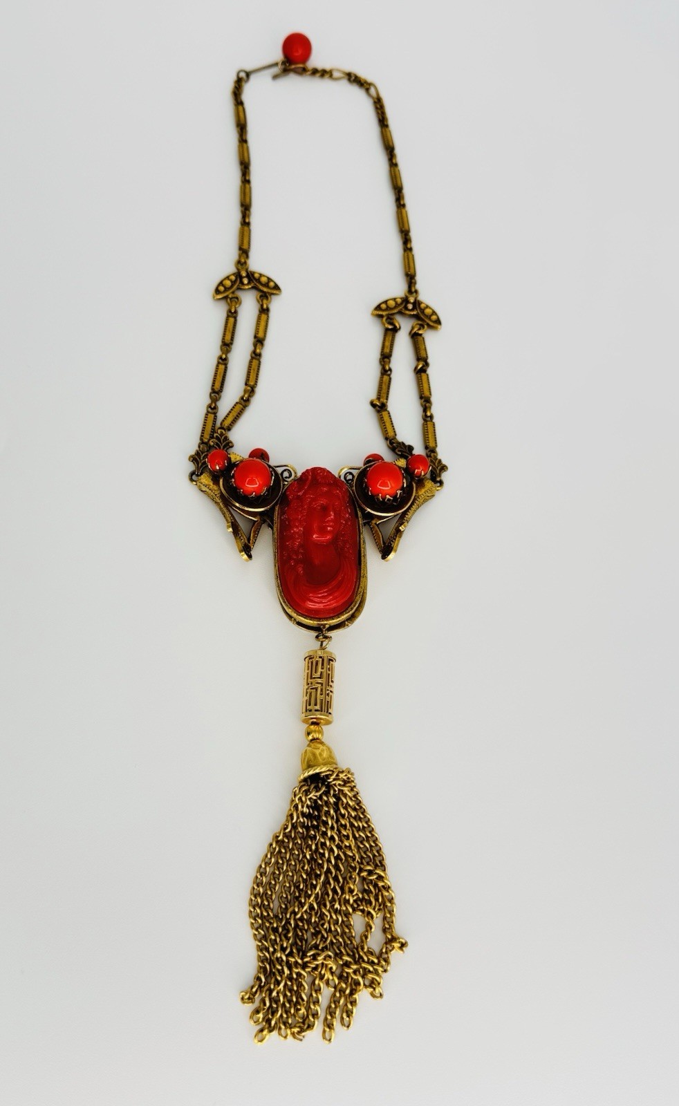 Vintage 1920s-1930s Art Deco Czech Faux Coral Cameo Brass Tassel Necklace