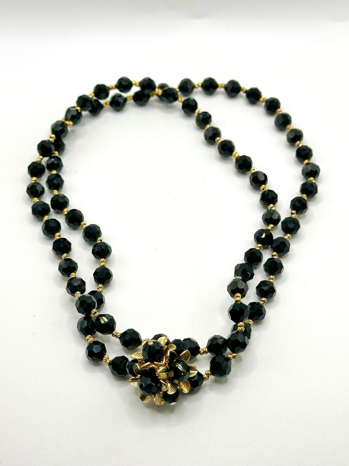 Vintage Black Glass Bead Convertible Necklace 31”