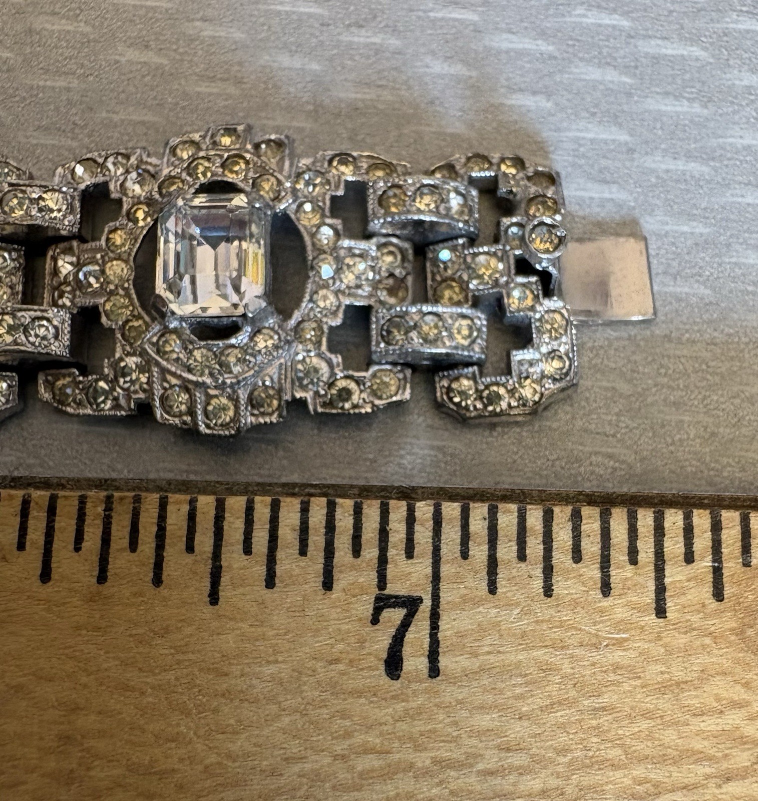 30s Art Deco Rhinestone Bracelet Baguettes Emerald Cut Crystal Pot Metal 7″