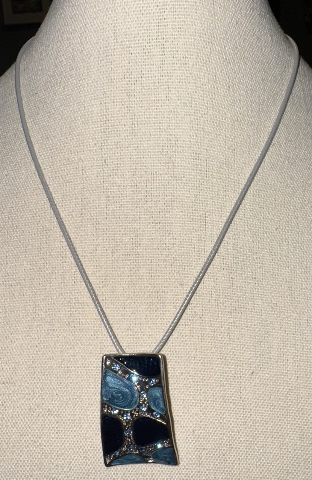 Vintage Silvertone & Blue Rhinestone Pendant On Gray Leather Cord 16”