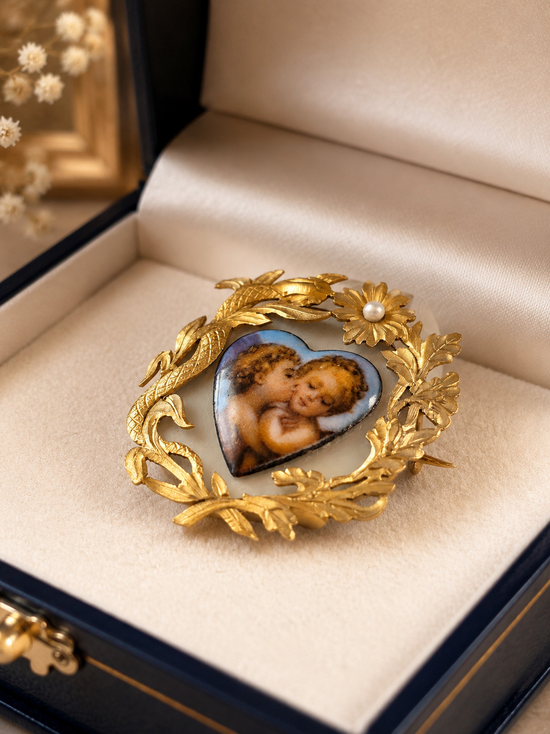 Antique 18K Gold Heart Brooch Angel Cherubs Pearl Enamel Mother of Pearl c1900