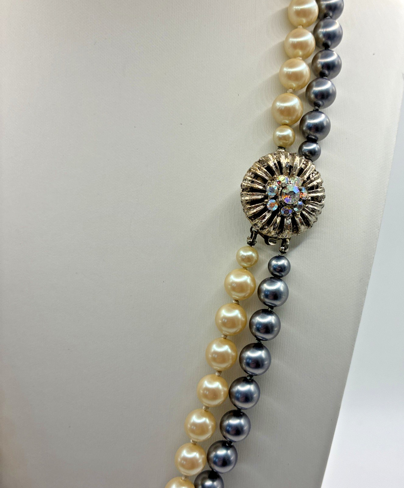 Vintage Double Strand Faux Pearl Necklace Hand Knotted Rhinestone Clasp Wedding