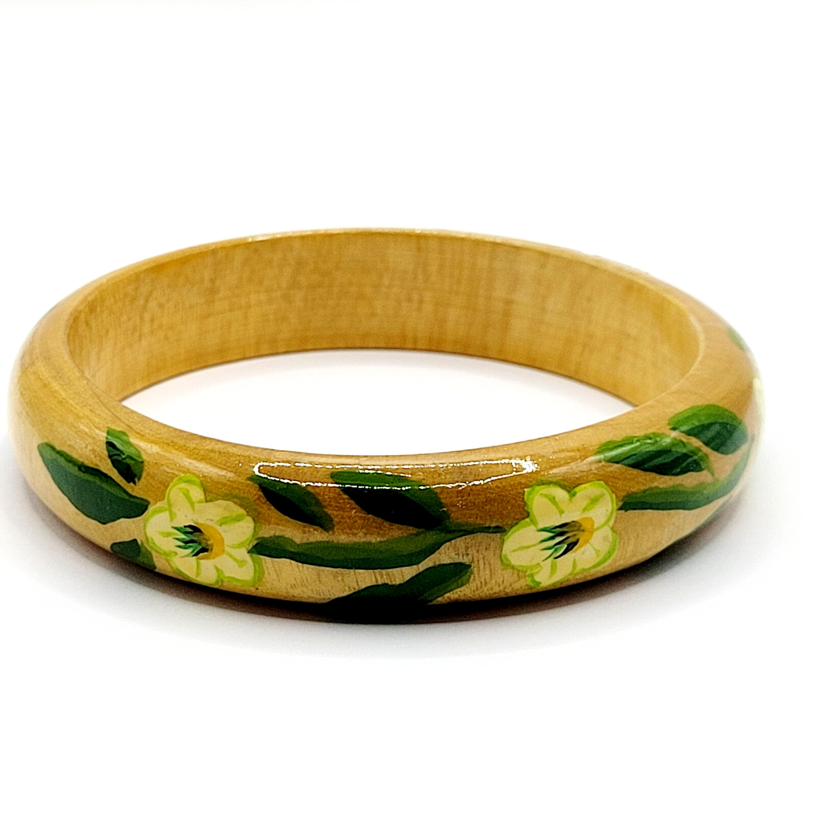 Wood Bangle Hand Painted Cream Flowers Green Leaves Lacquered Bangle Bracelet