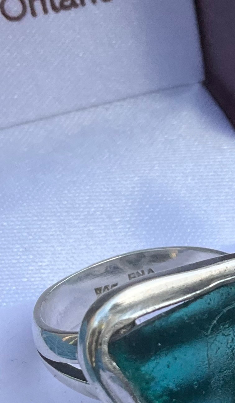 Vintage STERLING RING Aqua Sea Glass Shard Caribbean Blue Signed FNA Size 7.25