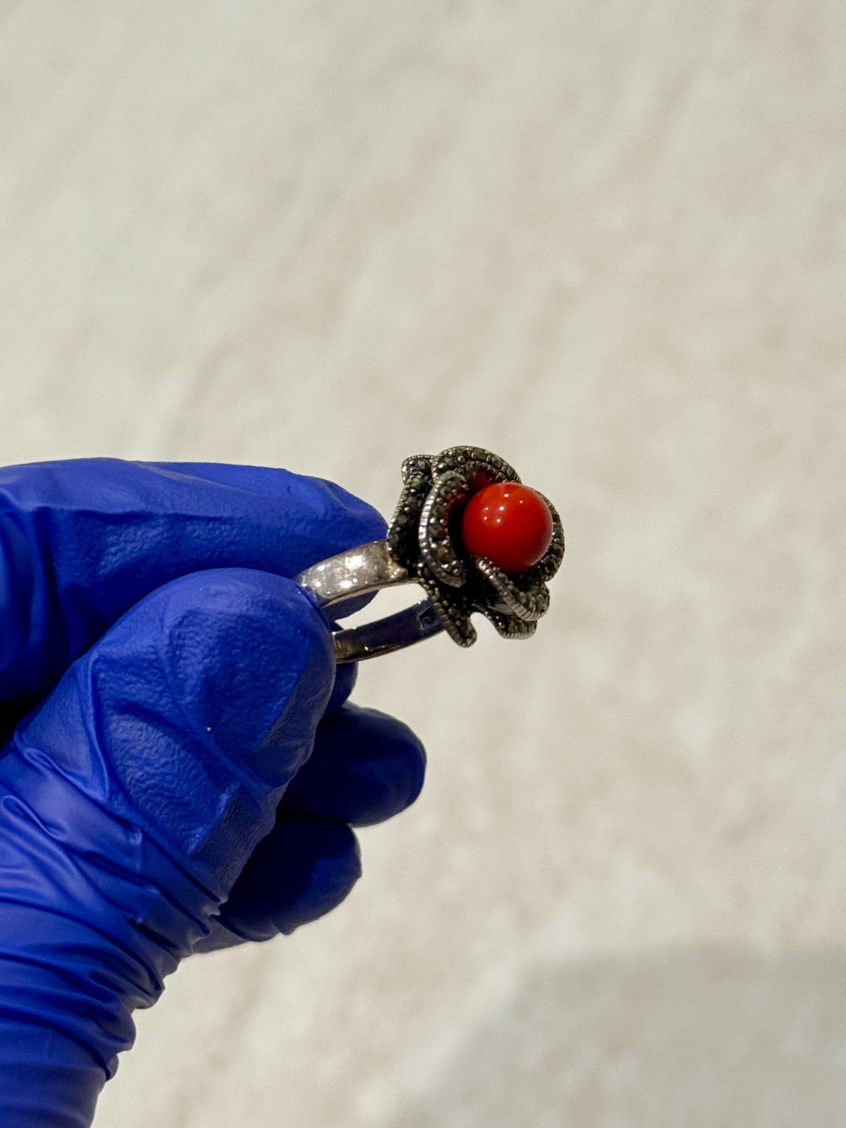VTG Flower Ring Size 8 Sterling Silver Rose Red Coral Marcasite Gem Cocktail