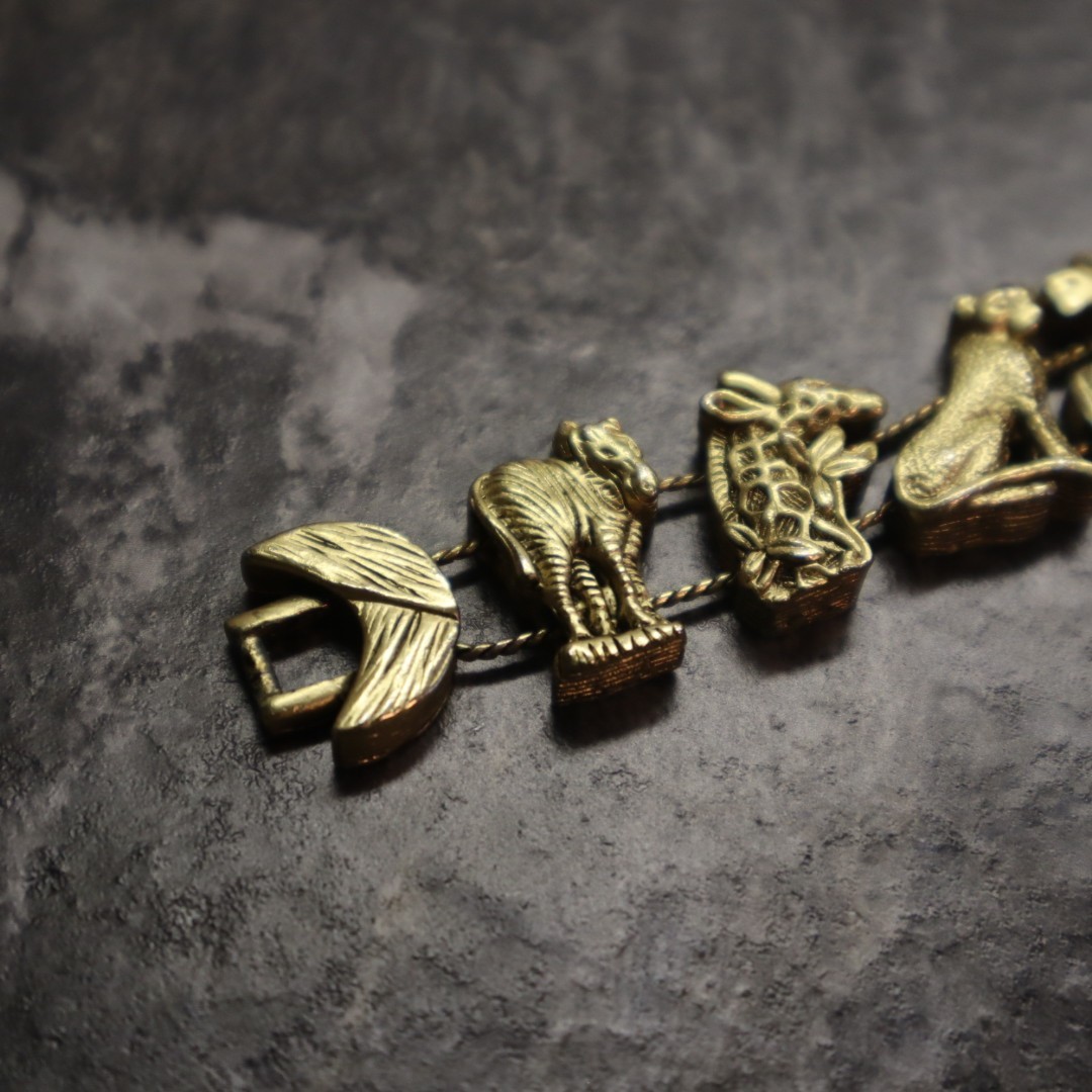 Vintage Slide Safari Animals Charm Bracelet Gold Tone Metal