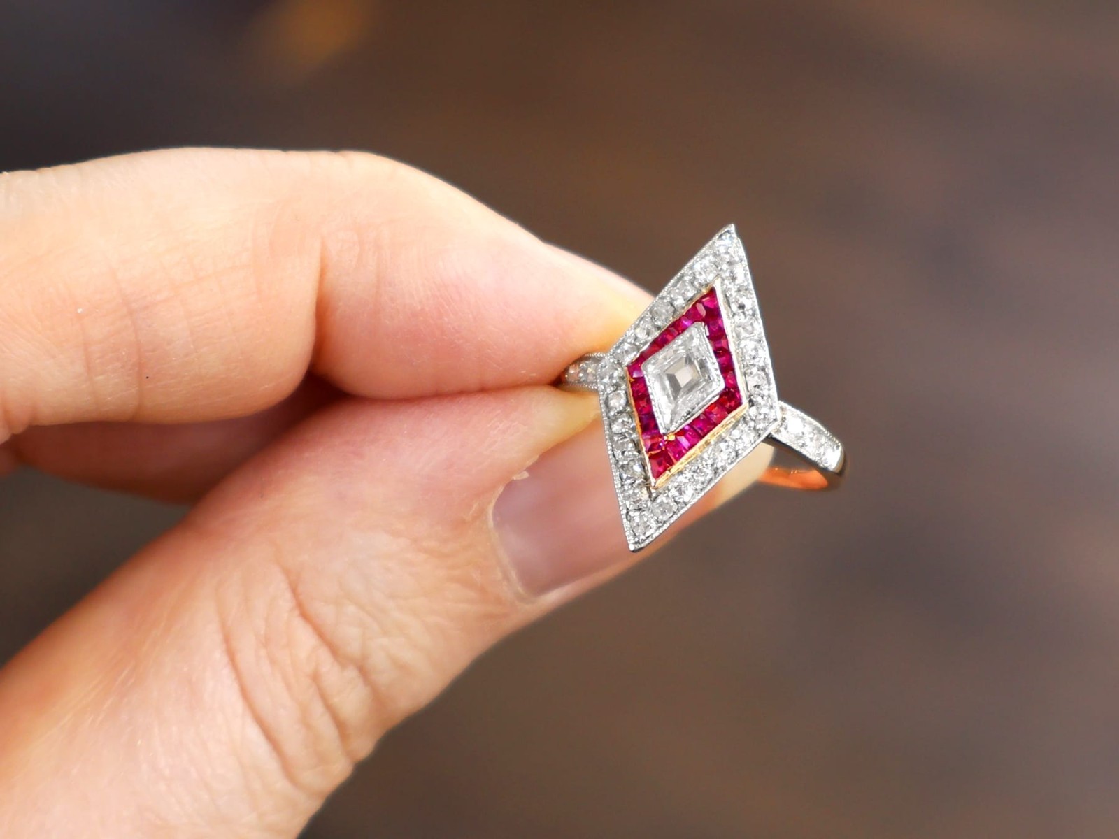 Antique 0.23Ct Ruby and 0.97Ct Diamond 18k Rose Gold Dress Ring Circa 1910