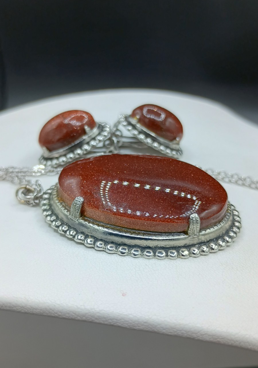 Vintage Goldstone Necklace Clip On Earrings Set Silver Tone