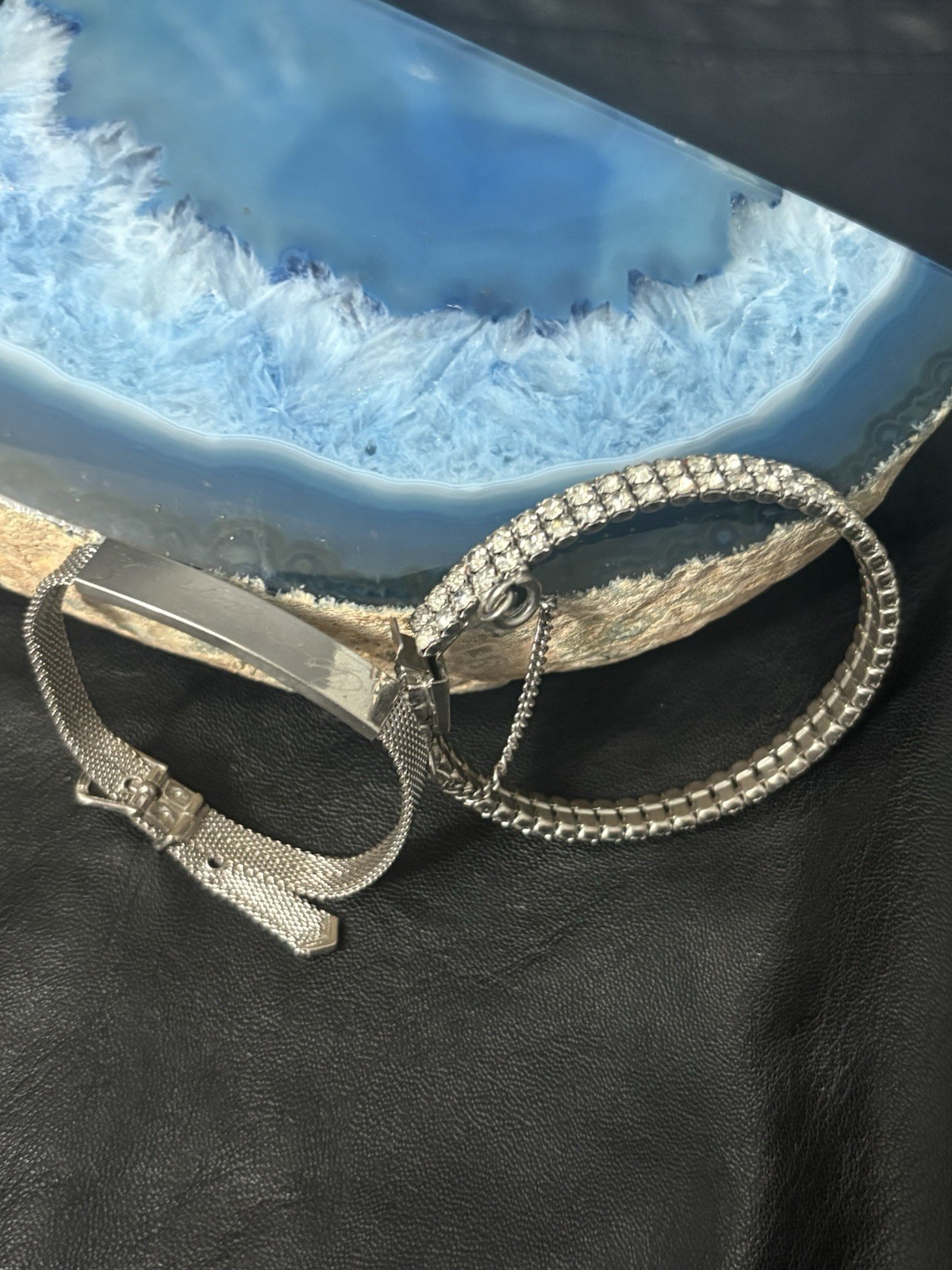 Vintage Bracelet Set Mesh ID Bucket Rhinestone Silver Tone Safety Clasp