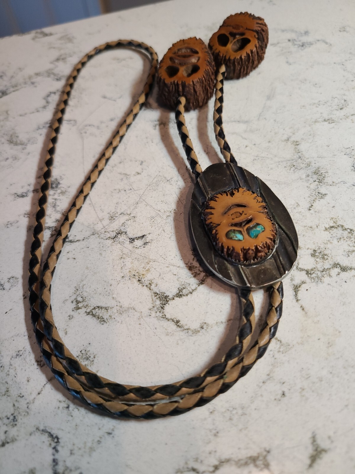 Native American Bolo Tie AMAZING DETAIL Metal and Nut Shell Turquoise Eyes EUC