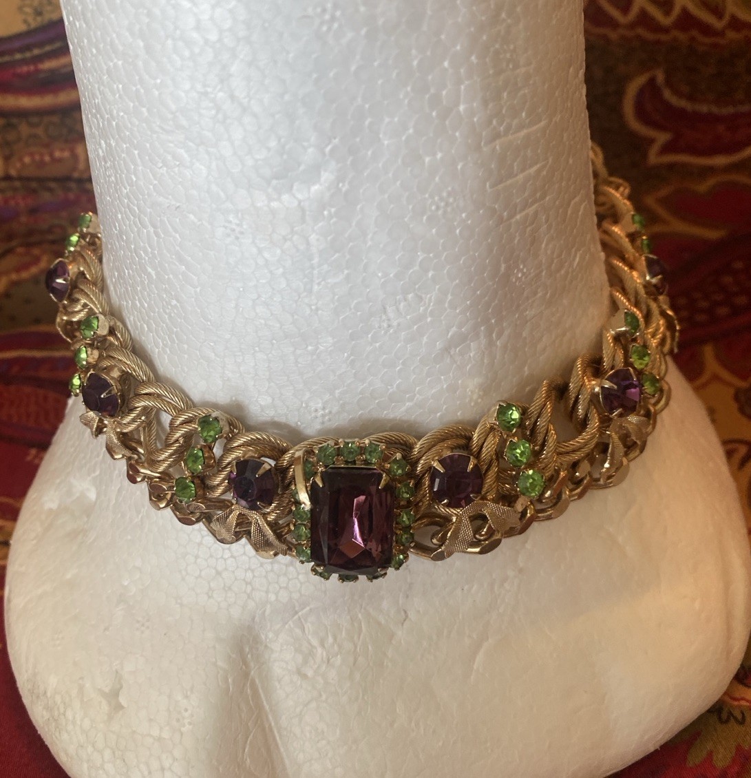 Vintage Gold Tone Necklace And Clip Earrings Purple & Lime Green Stones