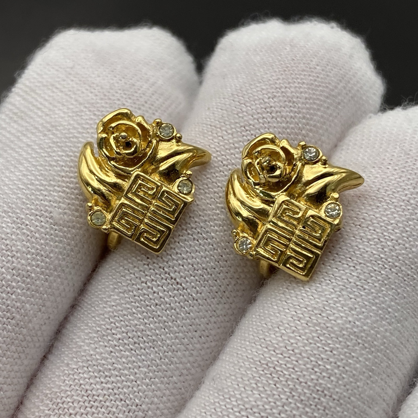 Vintage Givenchy Earrings Signed Flower Gold Tone Logo 80s Every Day Classic
