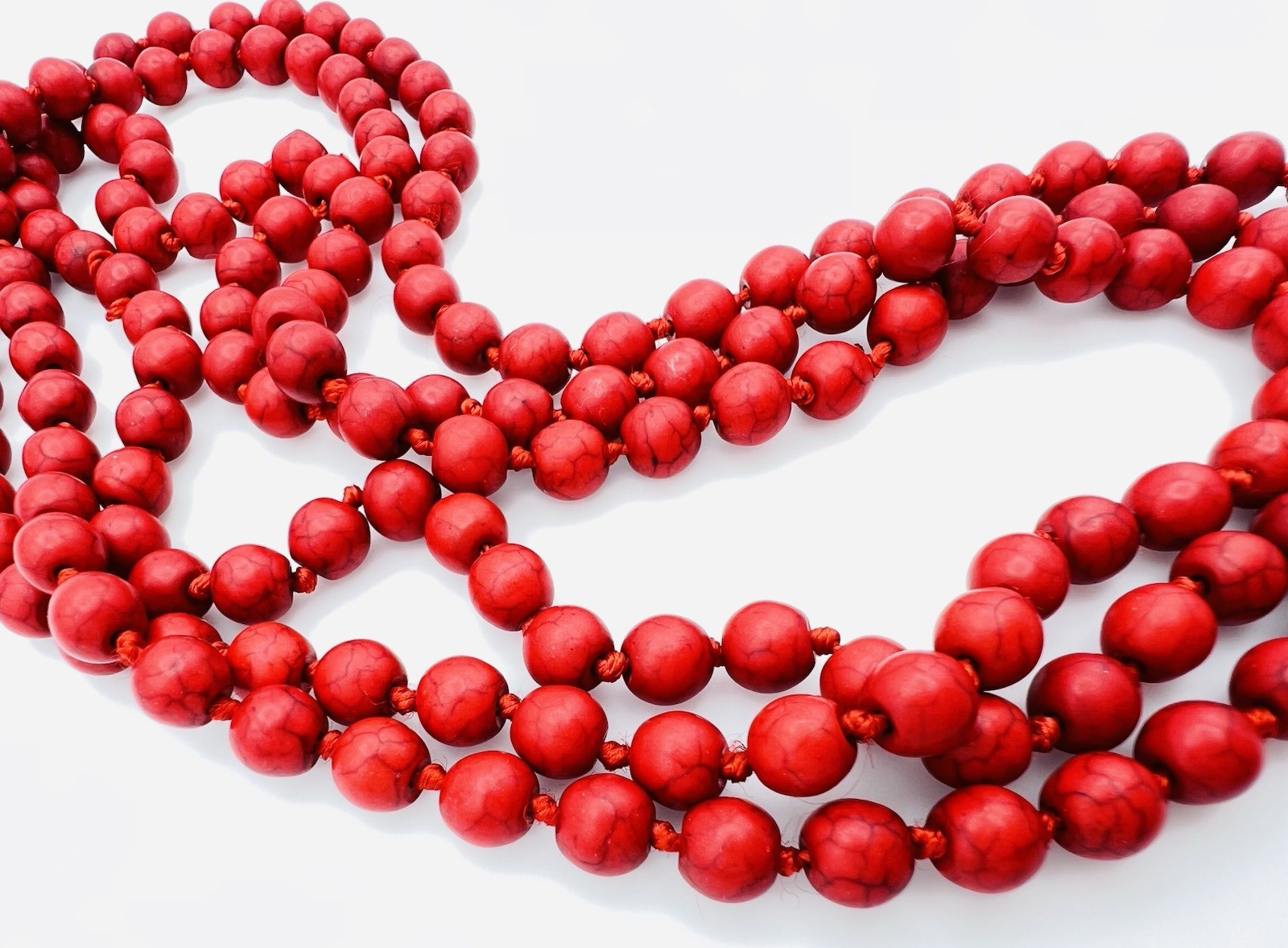 Vintage Hand Knotted Dyed Red Howlite Flapper Necklace 60 in
