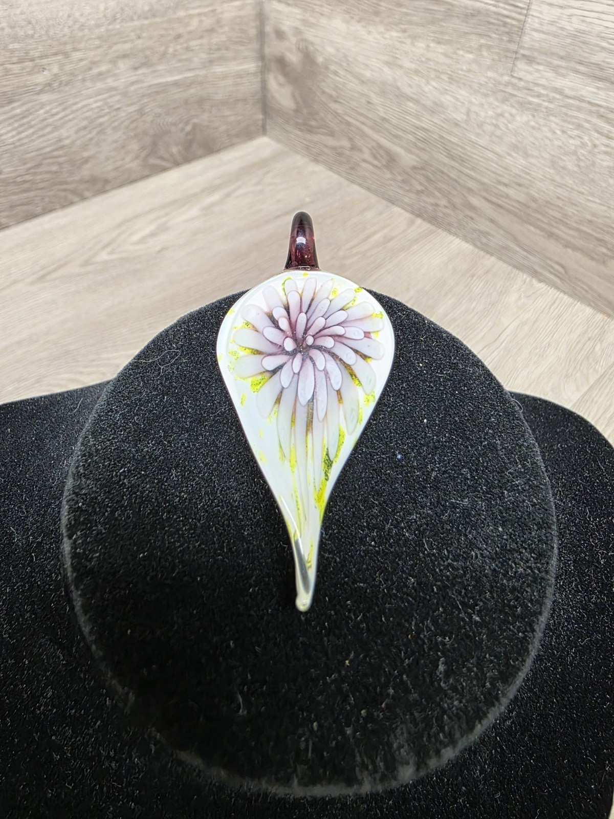 Vintage Art Glass Purple White Green Flower Pendant 2.4 Inches, Free Shipping!!