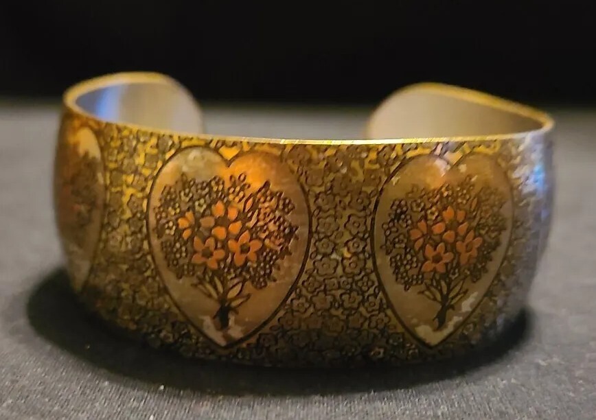 Vintage Reed & Barton Damascene Cuff Bracelet with Hearts and Flowers EUC