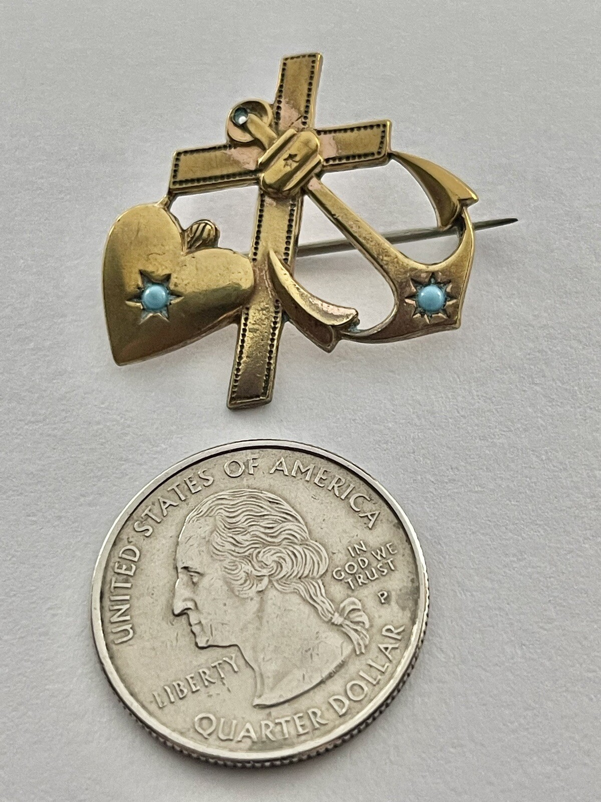 Victorian Faith, Hope & Charity 2 Turquoise Art Glass Beads Rolled Gold Brooch