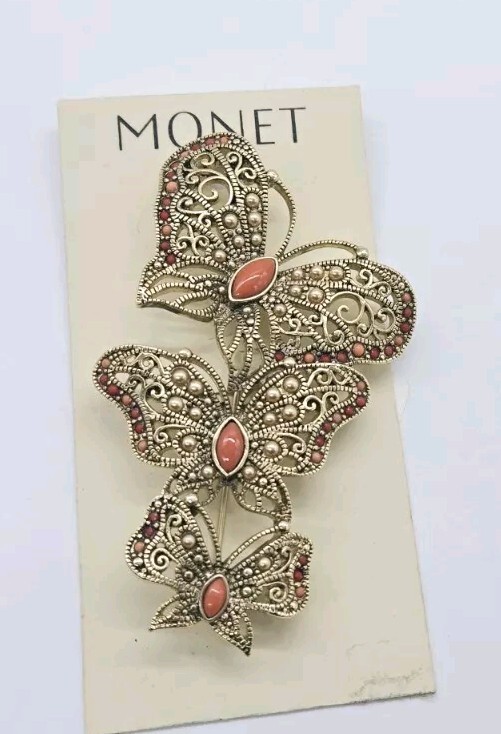 Monet Brooch Three Huge Butterflies Faux Coral Gold Tone 3.5 in Signed Vintage