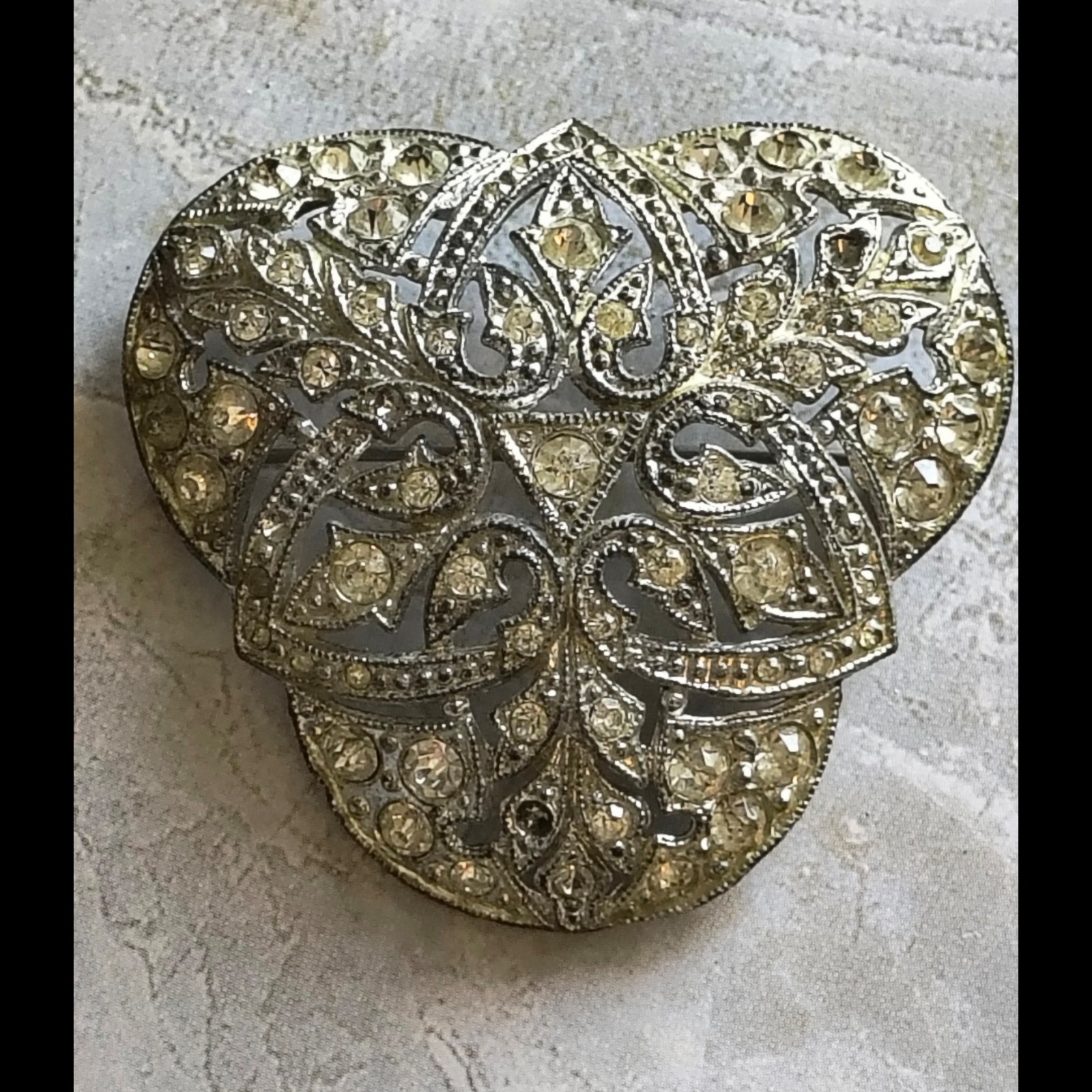 Antique Art Deco Silver Tone Rhinestone Brooch New England Glass Works Pot Metal