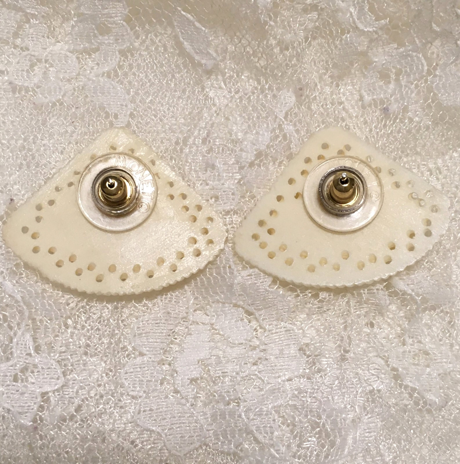 Vintage Mid Century Carved Celluloid Off White Earrings Floral intricate Elegant